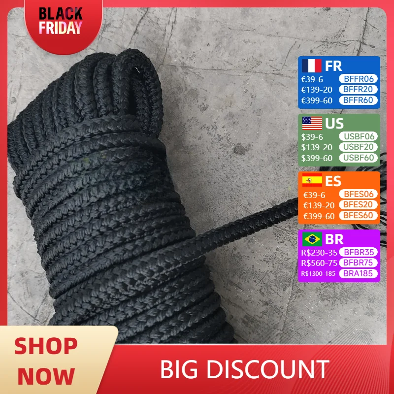 Black Nylon Braided Rope, Binding Cord, Wear-Resistant, Tent Pull Rope, 12-Strand, 3/4/5mm 6mm, 8mm, 10mm