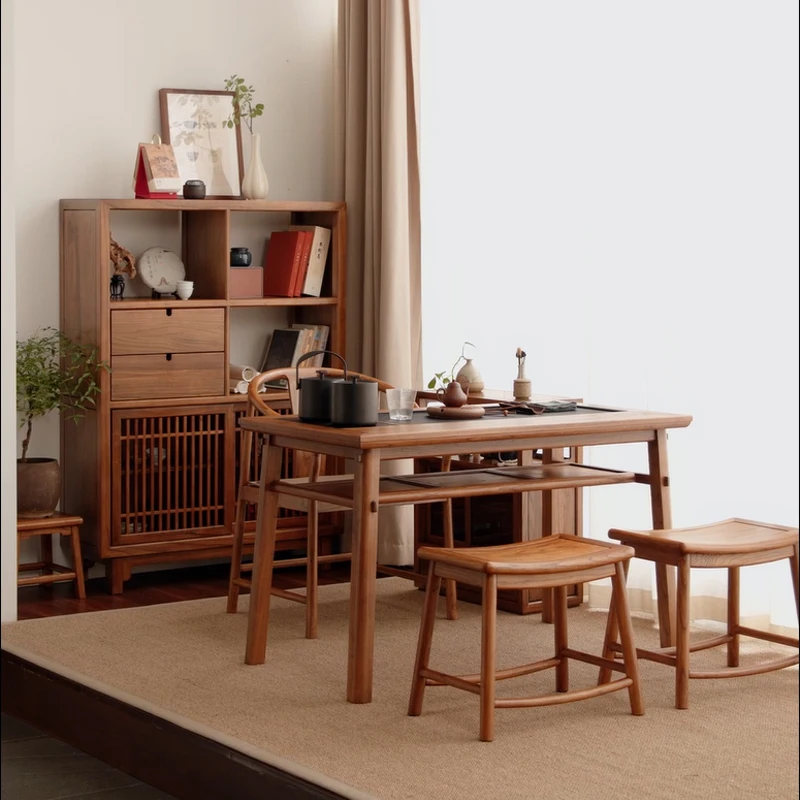 New Chinese balcony tea table leisure solid wood household small tea table elm small apartment drinking tea table and chairs