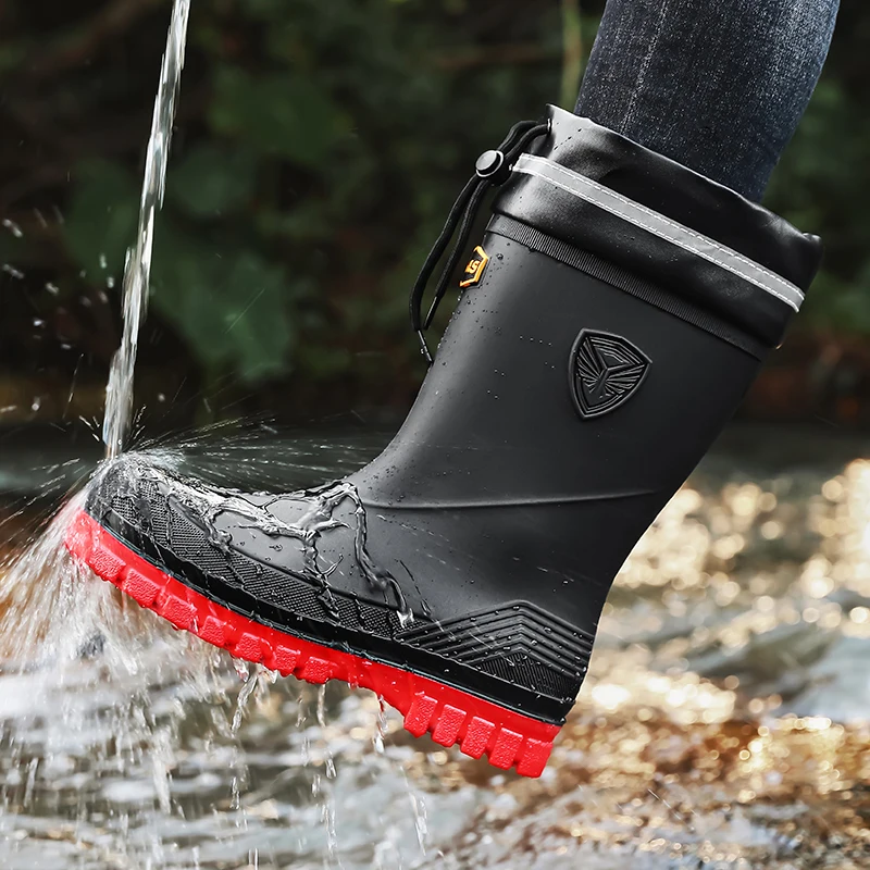 Men's Outdoor Rain Boots Fashion Men High Tops Hiking Fishing Water Shoes Anti-slip Chef Work Ankle Boot Mens Waterproof Shoes