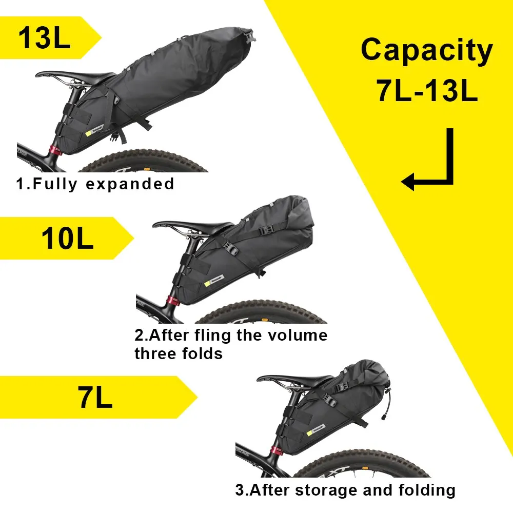 Borsa da sella per bici Rhinowalk impermeabile MTB bicicletta da strada 13L borsa da ciclismo di grande capacità borsa posteriore pieghevole accessori per bagagliaio