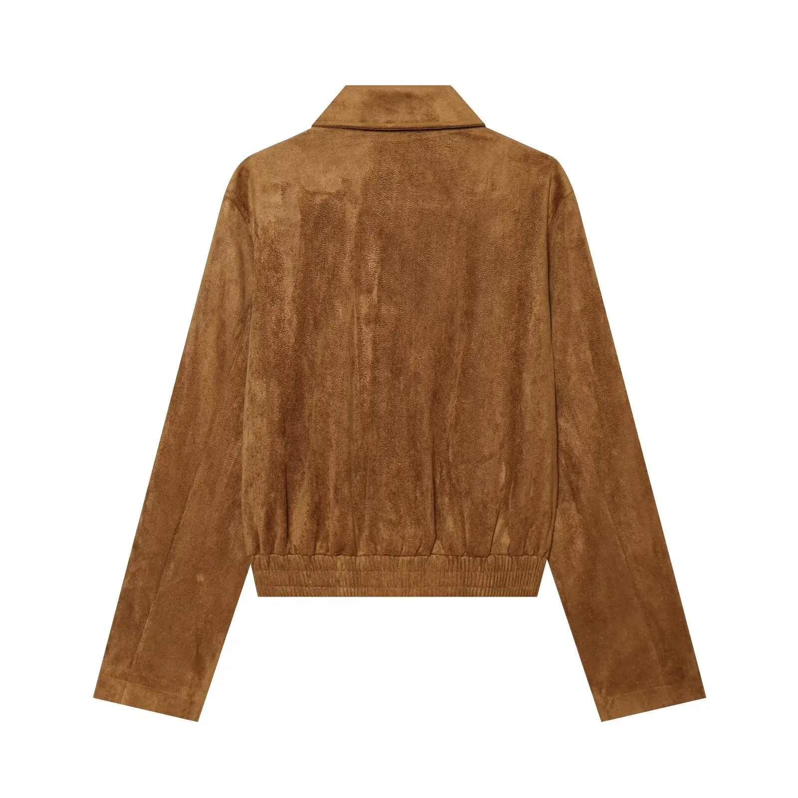 BSAY Autumn Women Vintage Faux Suede Cropped Jacket Stand Lapel Collar Front Zipper Flap Pockets Casual Long Sleeve Outerwear