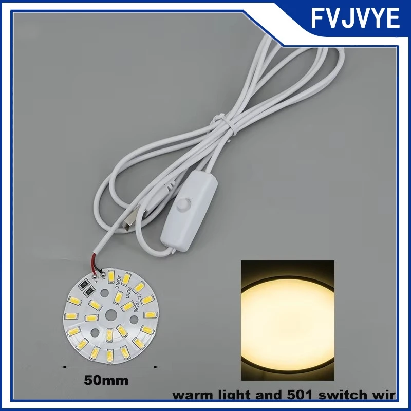 50mm Warm White DC 5V USB Round LED Chip Lights 5730 Chip Single Dimmer Reading Night Desk Book Tablet Lamp Switch Cable .A2