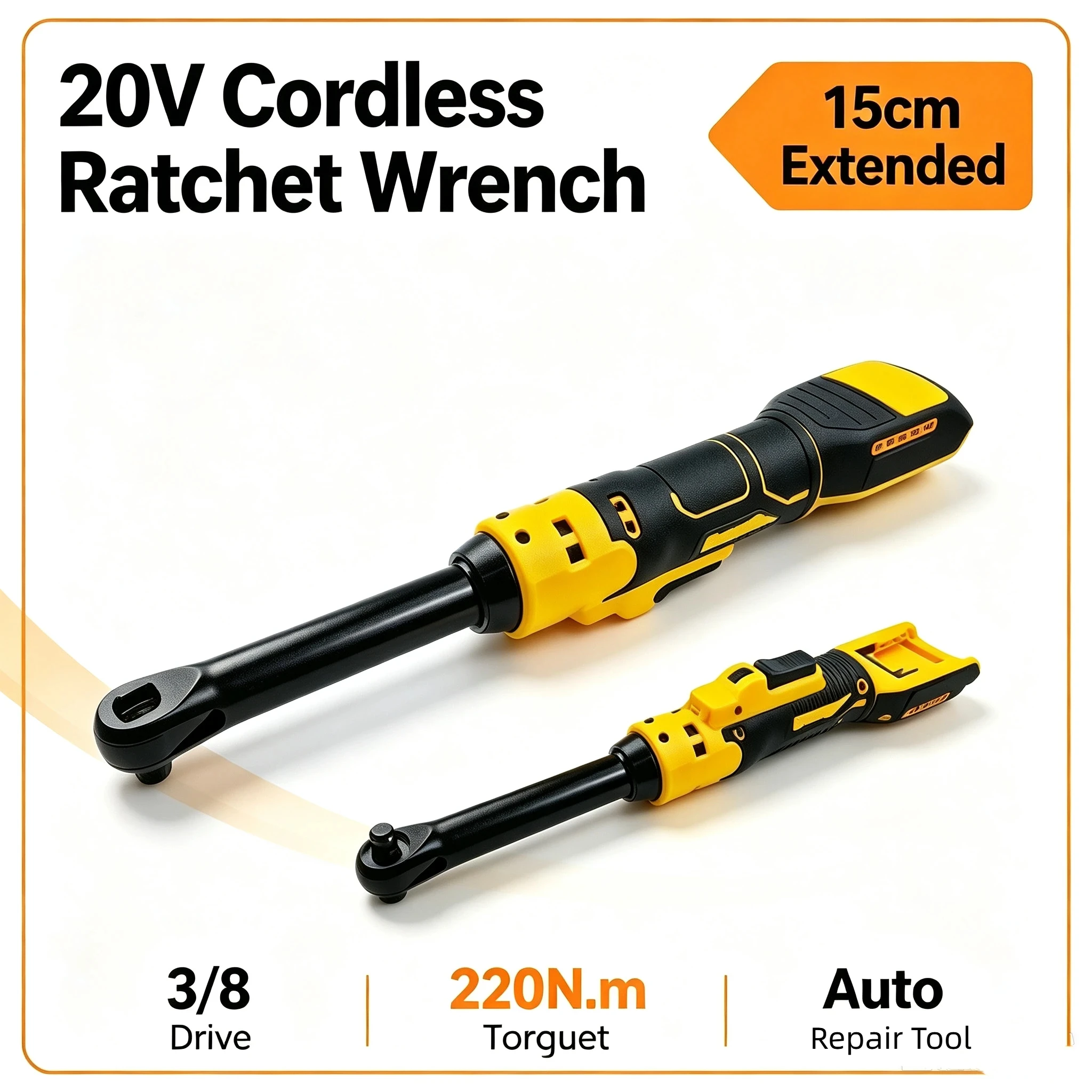 Cordless Electric Wrench 20V 15cm Extended Shaft 3/8" 220N.m Battery Powered Nut Screw Remover for Auto Repair Power Tools