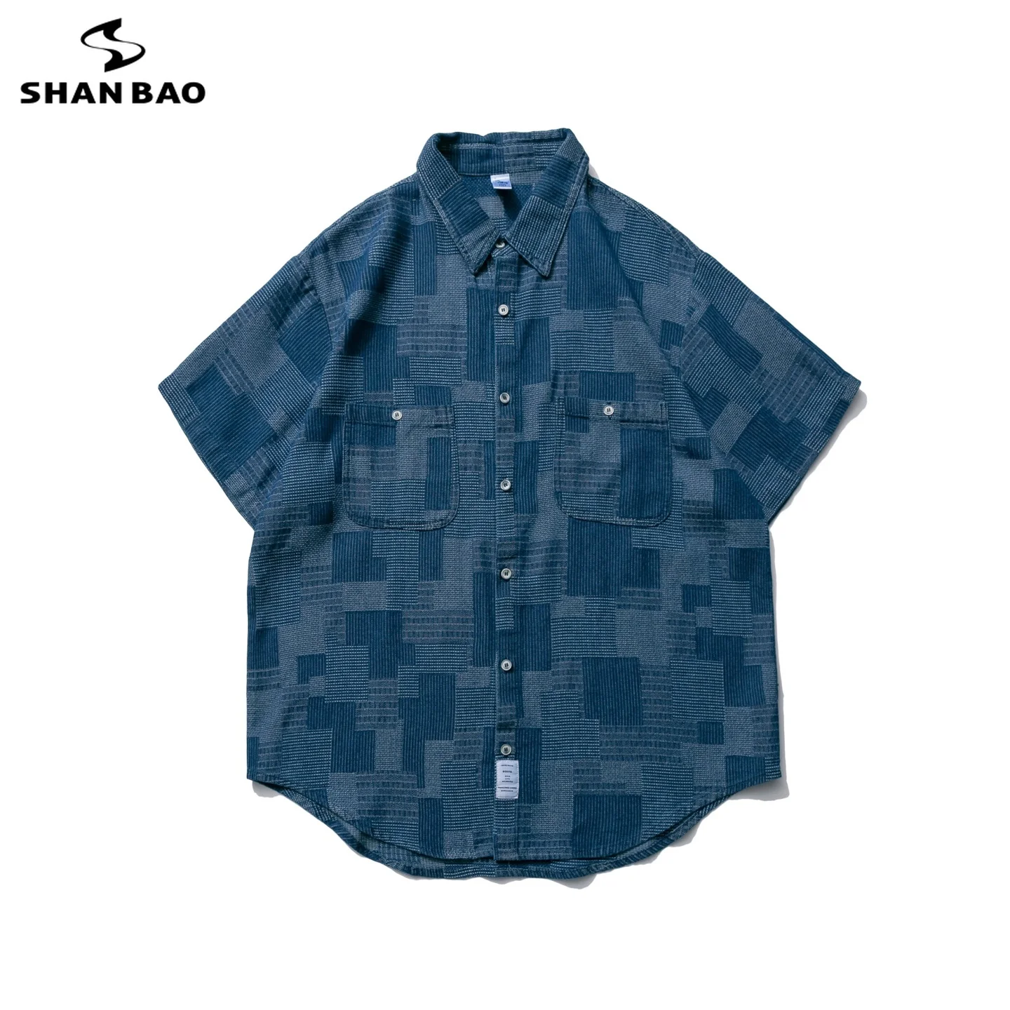 

SHAN BAO 2026 summer brand 95% cotton men's loose denim short-sleeved shirt high street retro baggycity boy casual blue shirt