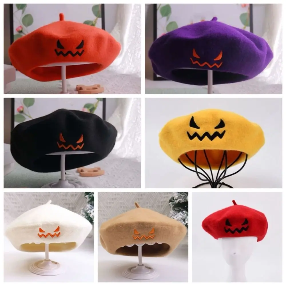 Woolen Pumpkin Beret Hat Embroidered Lightweight Pumpkin Face Cap Multicolor Cozy Embroidered Painter Hat Halloween Party 5