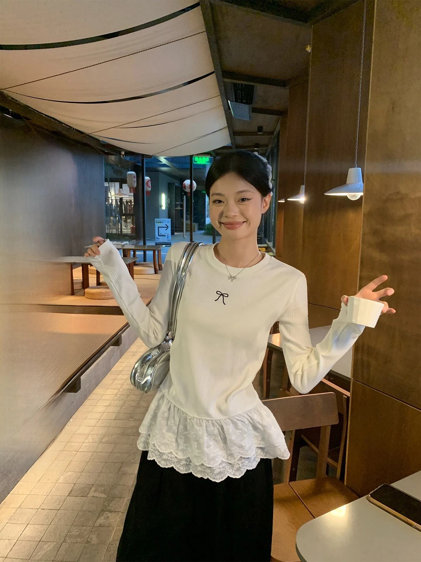 

Song Zhengen White Lace Trim Base irt Women's Slim Fit Long Sve T-irt Winter New Sle Commute Korean Sle Top