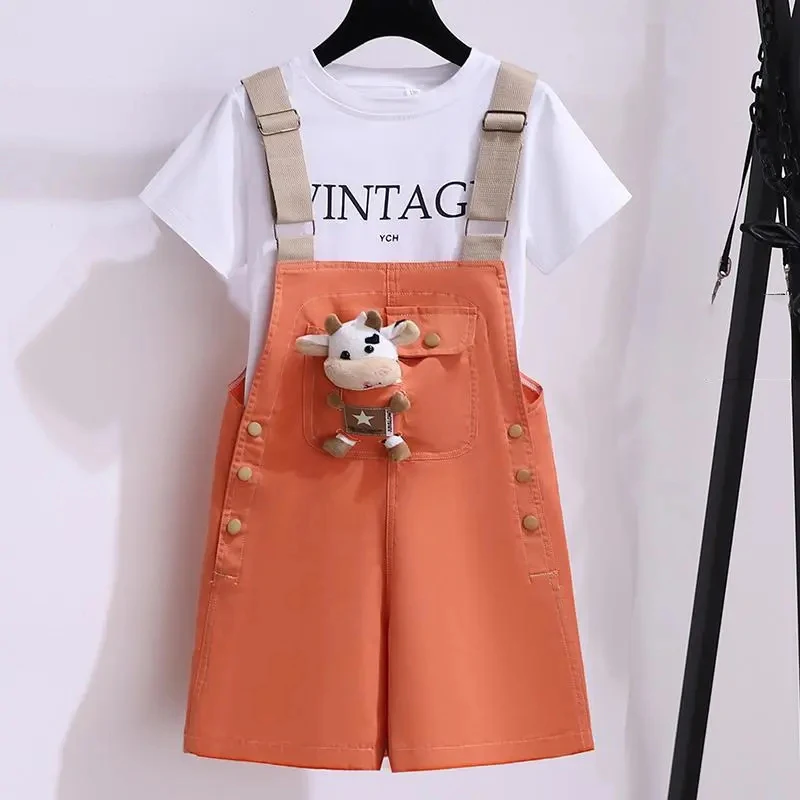 Cute Cow Doll Decoration Girls Overalls Summer New Solid Color Children\'s Bib Shorts Baby Girl Casual Loose Suspenders Shorts