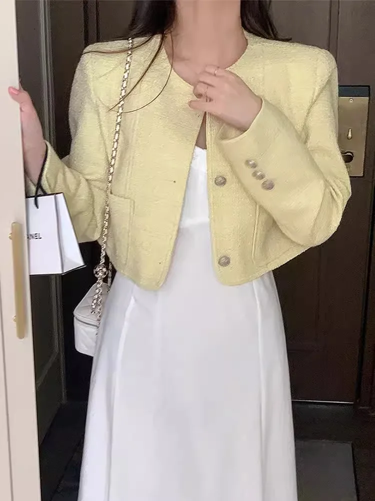 Autumn Fragrant Round Neck Single Breasted Casual Long Sleeved Short Thick Tweed Coat Women Jackets