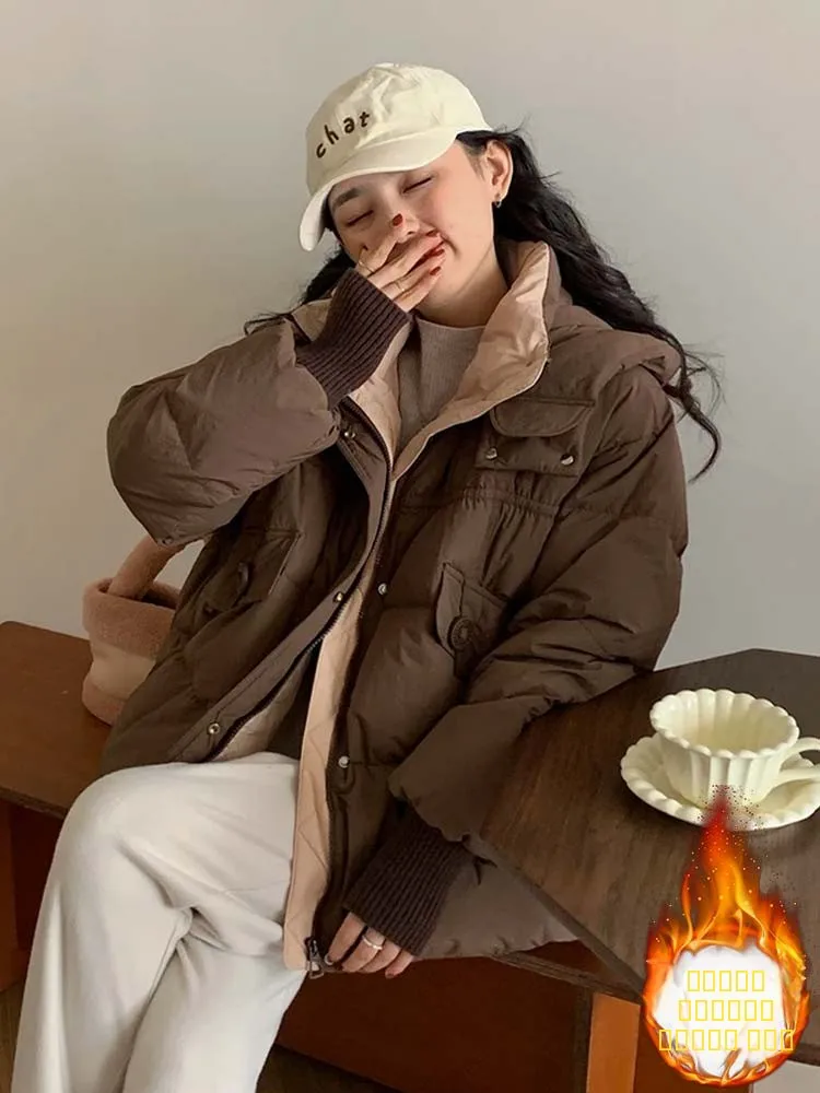 

Корейский дизайнерский пальто-пуховик женский зимний утепленный свободного кроя, длинный, на молнии, цвет хлопок...