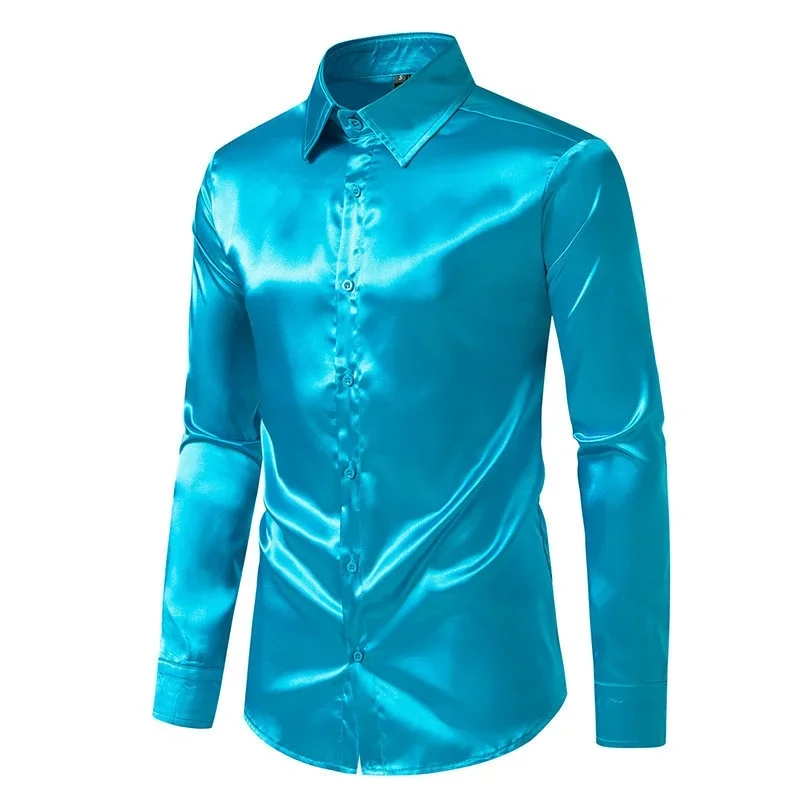 Camicia alla moda in raso da uomo primaverile e autunnale Camicia casual comoda con colletto a maniche lunghe alla moda in tinta unita con viso luminoso