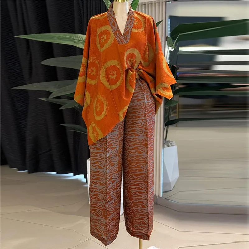

2 Piece Set V Neck Top Pants High Waist Wide Leg Trousers Summer Orange Set Long Pants Floral Print Two Piece Set Women's