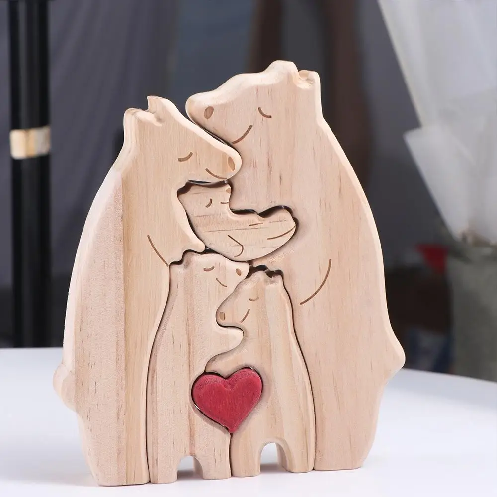 Rompecabezas de arte con temática familiar de oso personalizado de madera, bricolaje, nombre de la familia, adorno de escritorio, decoración del