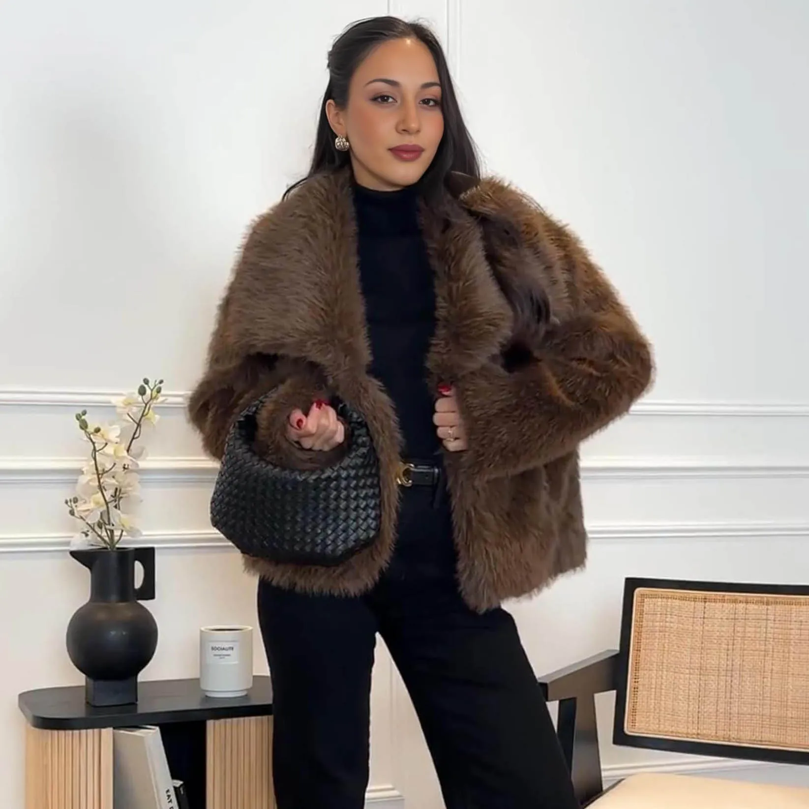 RU Women Lapel Faux Fur Coat Loose Fluffy Jacket Warm Outerwear For Autumn Winter Street Daily Fashion Outfits