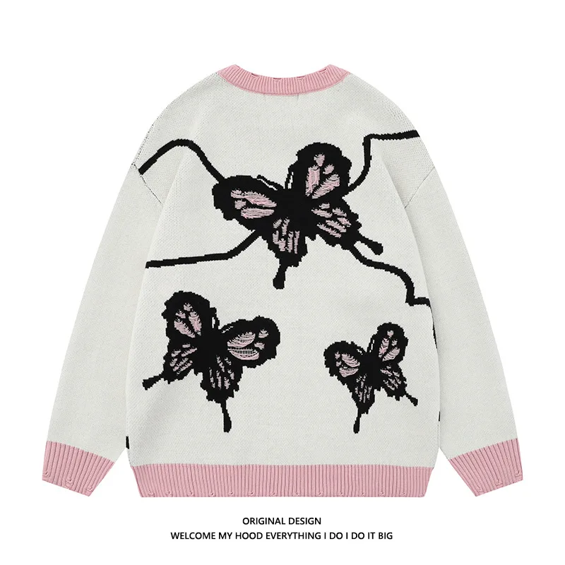 Autumn Winter Couple Sweaters Casual Loose Sweet Cute Butterfly Jacquard Crew Neck Knitted Sweater Hole Oversized Knitwear Women