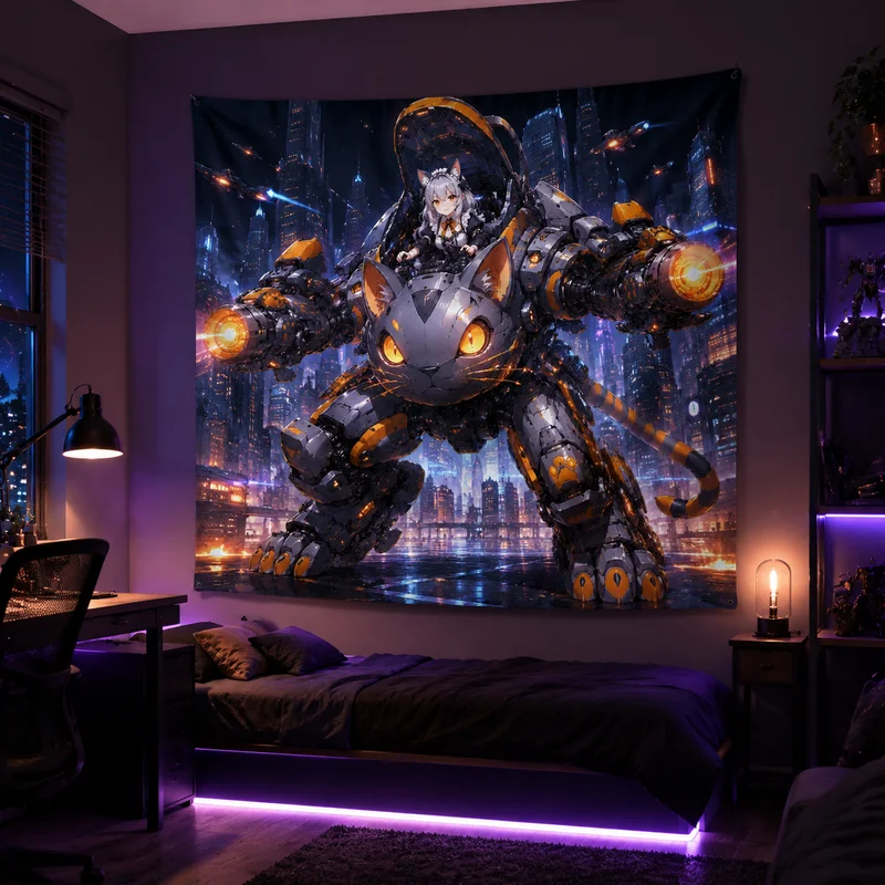 VIKAMA Steampunk Cat Maid Tapestry, Golden Gear Garden Anime Wall Hanging, Mechanical Cat Girl Print Wall Hanging, Home Decor