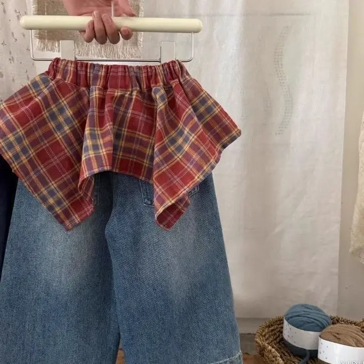 Girls Red Plaid Denim Skirt Pants with Drawstring – Retro Ruffle Front Apron Pants, Casual Trendy Trousers for Toddlers