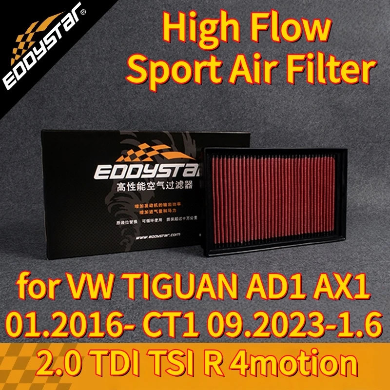 

High Flow Sport Air Filter for VW TIGUAN AD1 AX1 01.2016- CT1 09.2023-1.6 2.0 TDI TSI R 4motion Washable Racing Intake Filters