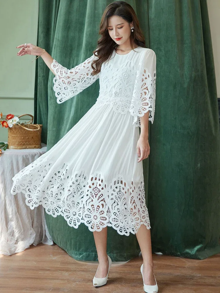 Gypsylady Elegant Chic Embroidery Maxi Dress Slik Cottom White Holiday Dresses Women Flare Sleeve Hollow Out Vintage Long Dress