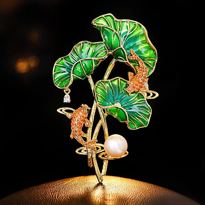 OKILY Ethnic Fish Playing Between Lotus Leaves Brooch Pins Freshwater Pearl Oil Drop Brooches Chinese Style Hanfu Accessories
