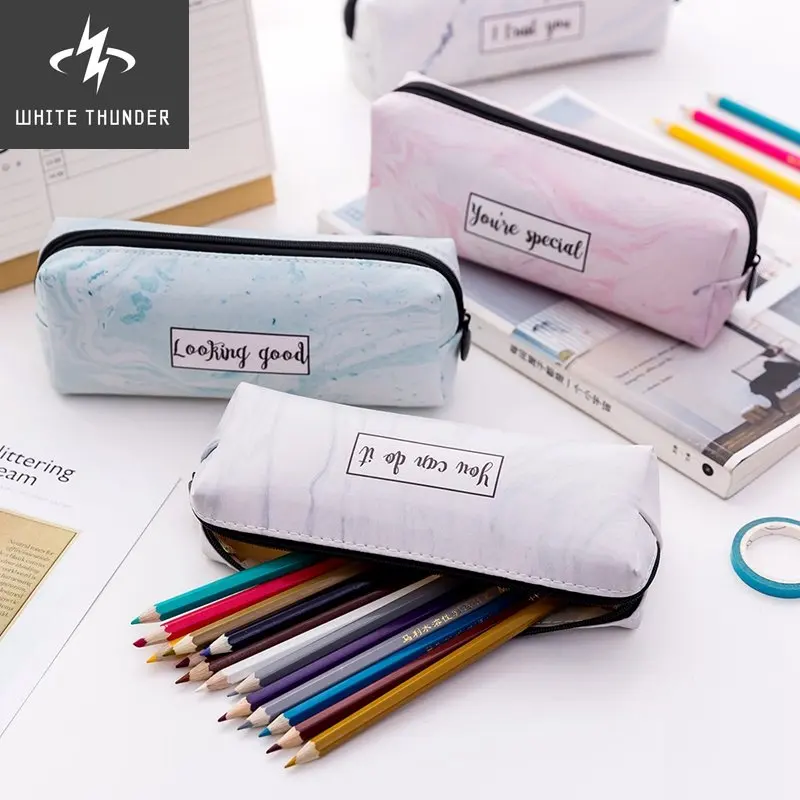 Cute Pencil Case Marble Pattern Leather Pen Bag Pencil Box Pencil Case Stationery Pouch Office School Supply