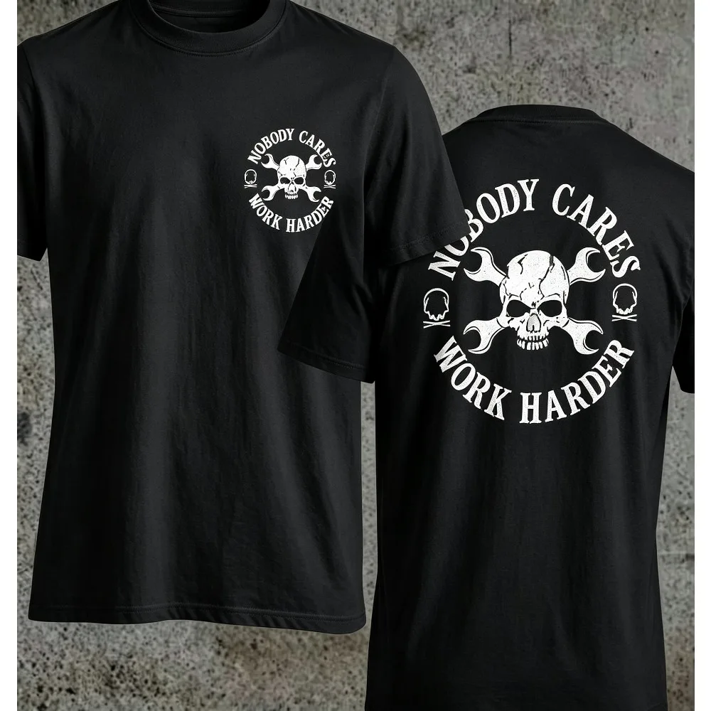 2026 New Nobody Cares Work Harder Skull Wrench Double Sided Print T-shirt, Hardcore Workwear Street Loose Unisex Tops
