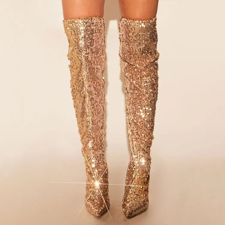 Sequin Pointed Toe Stilettos Stylish Party Over The Knee Boots Shiny Leather Side Zip Women Fashion Cool Girl Party Dress Shoe