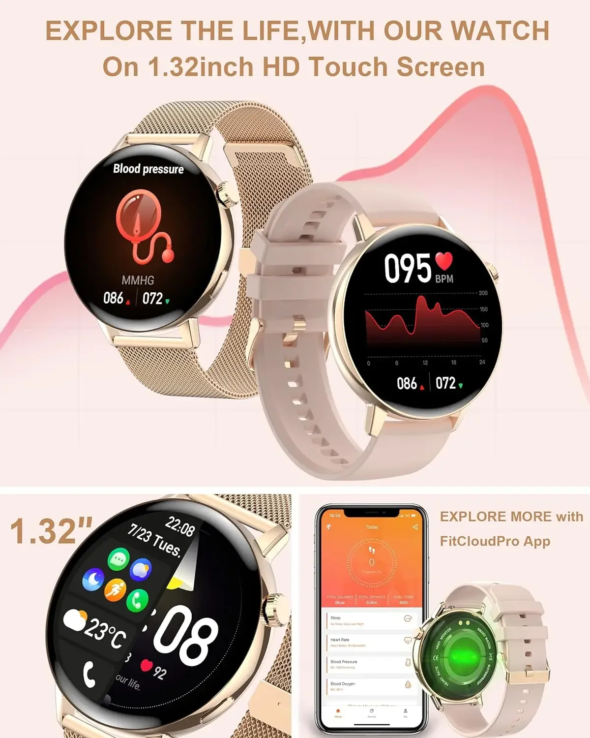 โทรศัพท์บลูทูธ1.32นิ้วสำหรับผู้หญิงสมาร์ทวอท์ชอัตราการเต้นของหัวใจและความดันโลหิตตรวจจับการออกกำลังกายเหมาะสำหรับ Apple แอนดรอยด์