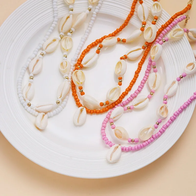Simple Rice Beads Seashell Pendant Necklace for Women Colorful Handmade Jewelry Summer Beach Choker Neck Chain Gift Collar