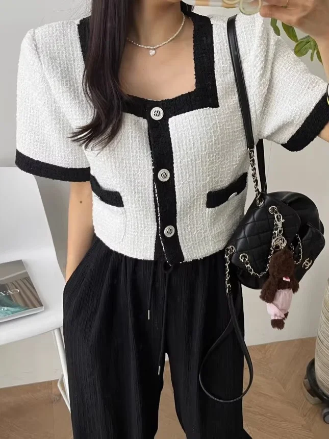 

Contrast Color Thi Tweed Suit Jaet Loose Straight Cut Age-Defng Small Fraance Sle Top Women's Faion