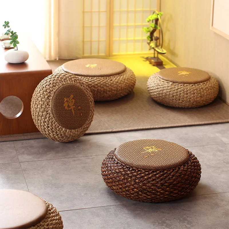 Handwoven Rattan Round Floor Cushion,Meditation Yoga Zafu Pillow Tatami Seat,Natural Boho Style Pouf Ottoman for Zen Living Room