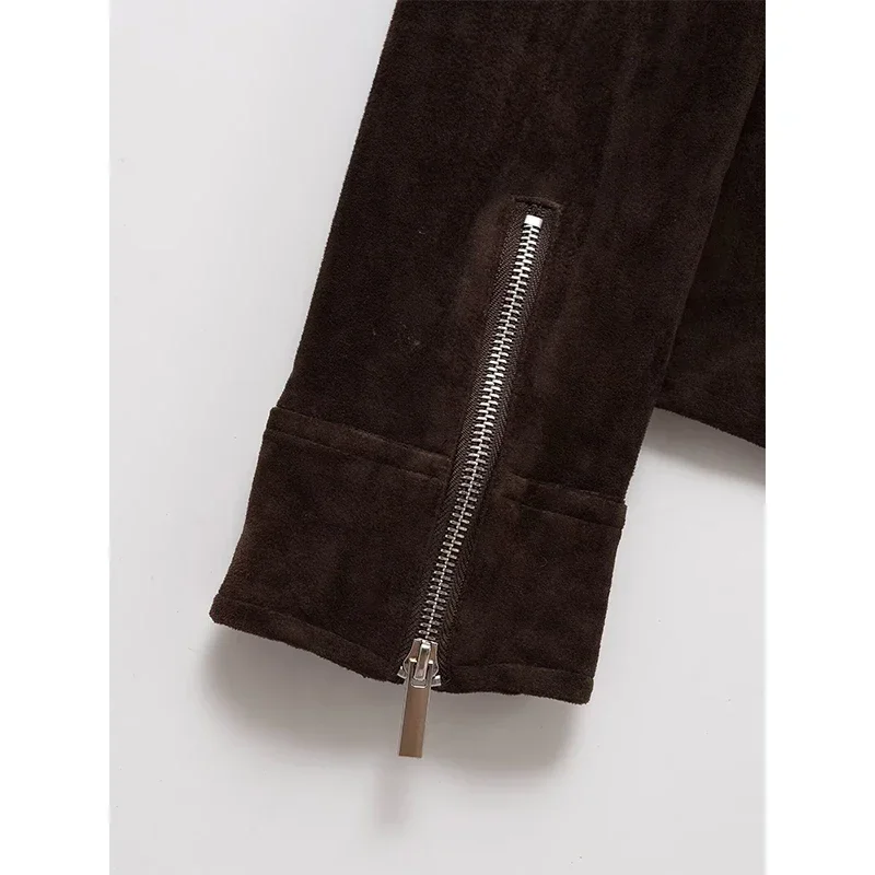 

Vintage Brown Faux Suede Leather Overshirt for Women, Lapel Collar Casual Jacket Autumn Outerwear