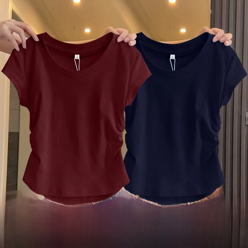 Camiseta Feminina de Manga Curta 2025 Nova Coleção Verão Slim Fit com Design de Cintura Marcada Cor Sólida Versátil Top Model...