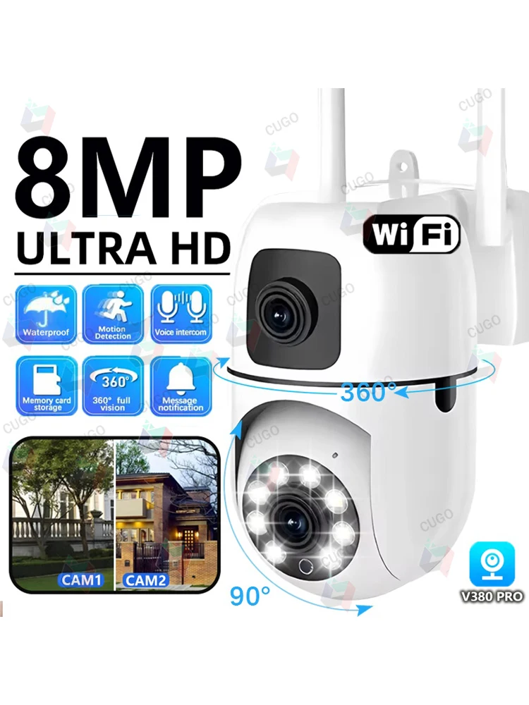 8MP HD Wifi Camera Beveiliging Draadloos Buiten Waterdicht Dual Lens Dual Screen AI Human Tracking Kleur Nachtzicht Babyfoon