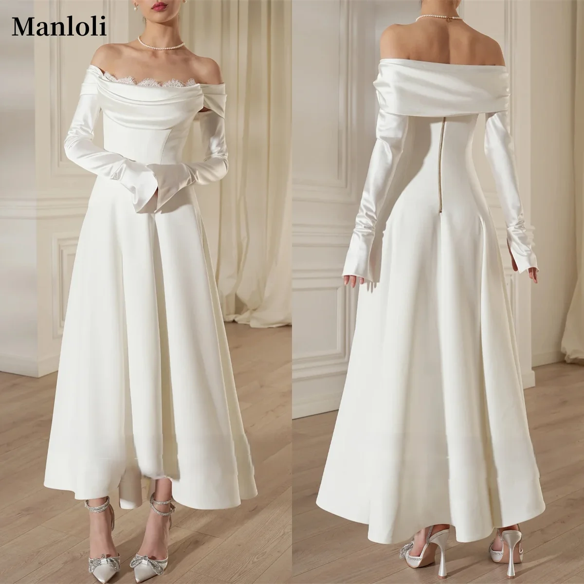 

Long Sleeved Satin Wedding Dress Detachable Sleeves And Ankles Bridal Dress Lace Off Shoulder Vest Custom Bridal Dress