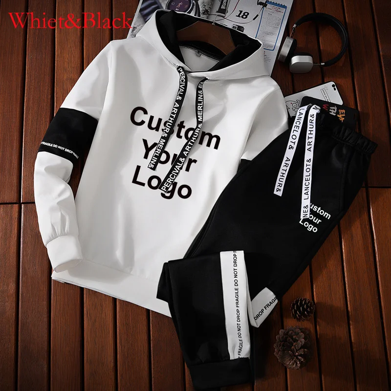 Men\'s Custom Your Logo Jogging Hooded Sweatshirt Suit Pullover Sweatpants Sports Track Suit