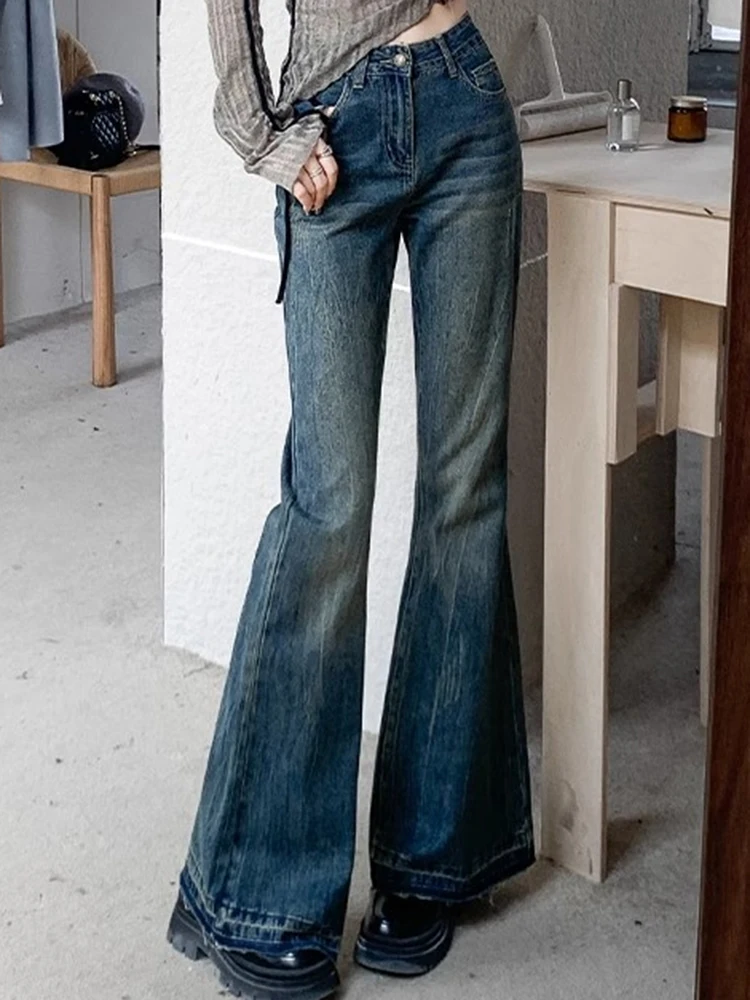 

2025 женские винтажные джинсы с высокой талией, женские уличные облегающие джинсовые брюки-клеш, женские синие крутые брюки-клеш