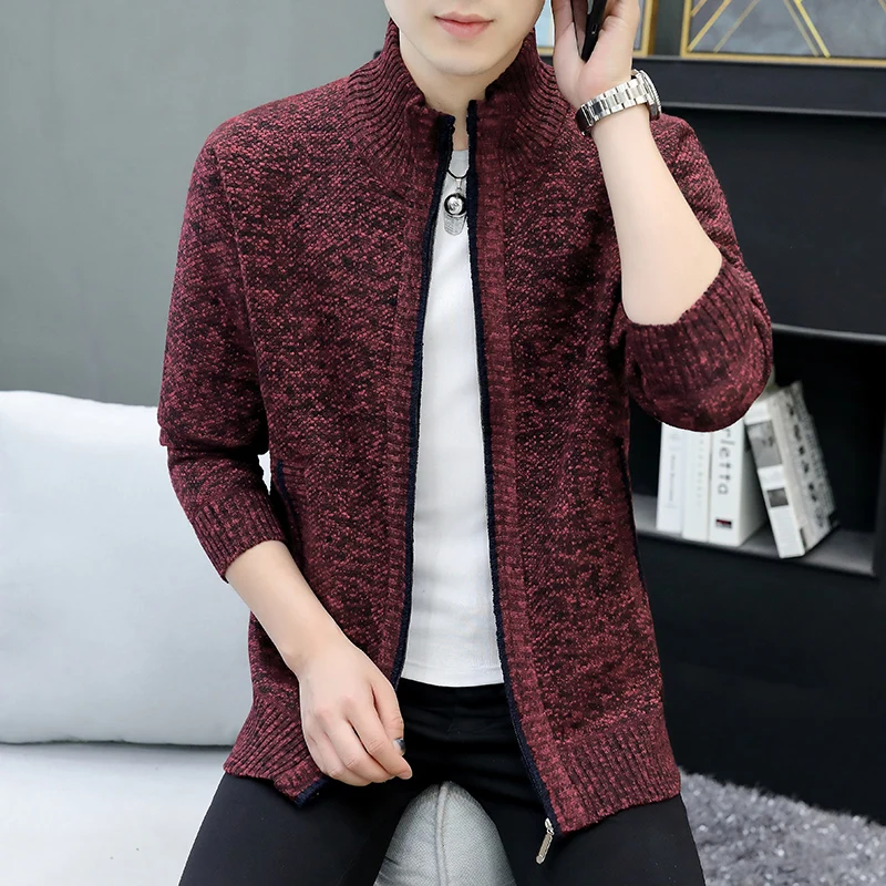 Men\'s Winter Knitted Sweater Pullover Print Korean Fashion Clothes Knitwears Clothing Standing Collar Cardigan Jacket