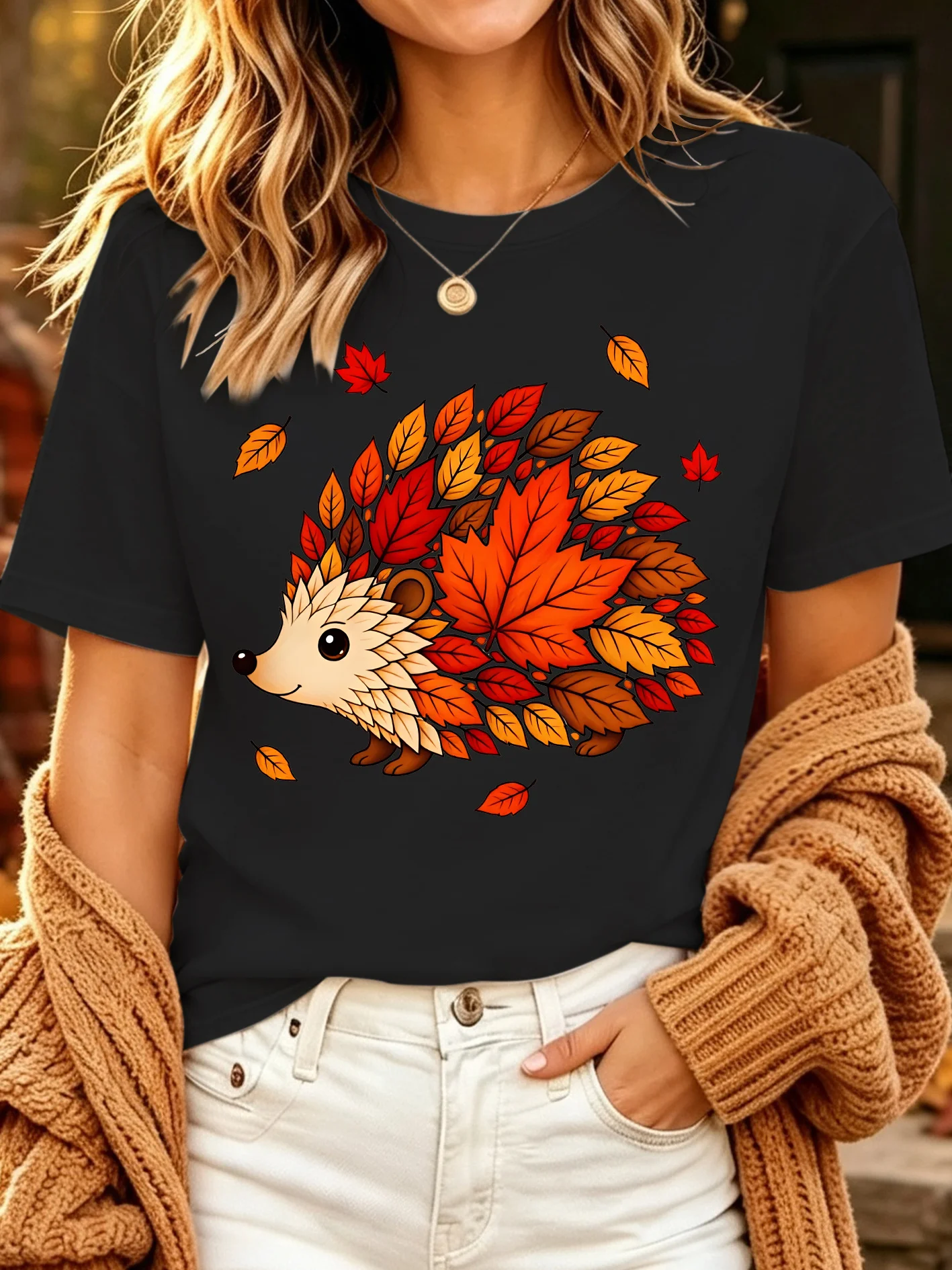 Autumn Hedgehog Maple Leaf Womens T Shirt Cute Fall Animal Graphic Tee Short Sleeve Casual Thanksgiving Daily Party Ladies Tops
