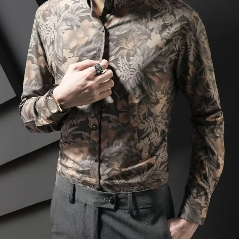 Business Man Tops Long Sleeve Dot with Print Shirts and Blouses for Men Floral Clothing S Asia Luxury Fashion 2024 Xxl Cool Silk