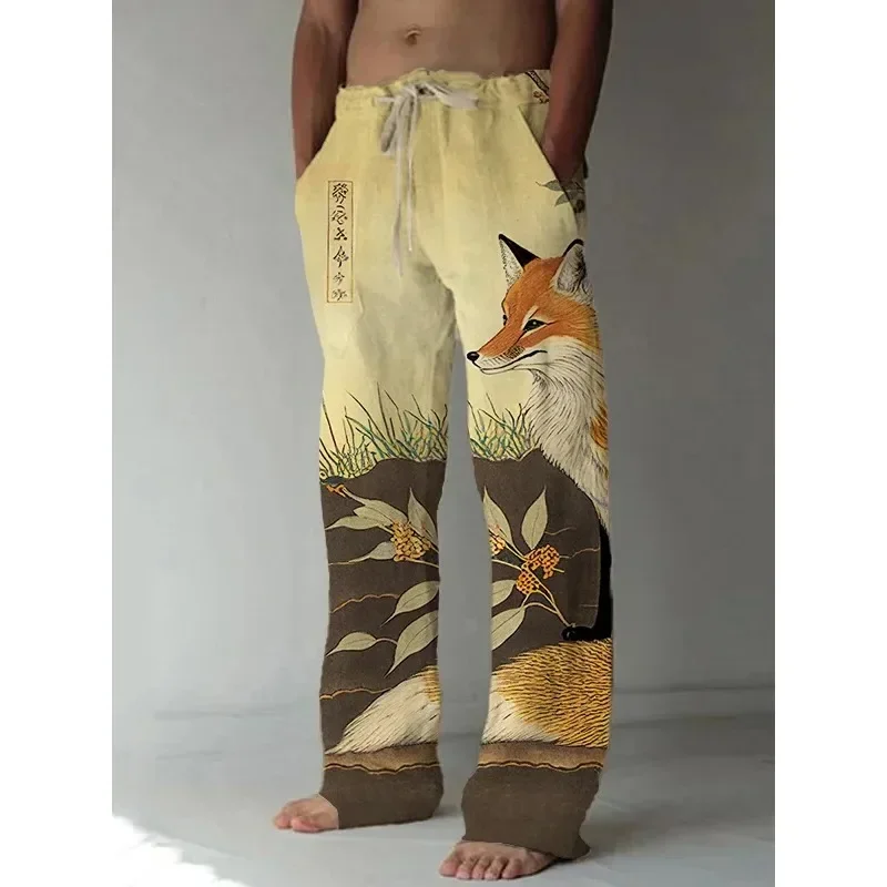 

Japanese Harajuku Style Wide Leg Pants Fox Raccoon Prints Linen Men's Casual Pant Summer Trousers Streetwear Sweapants Clothing