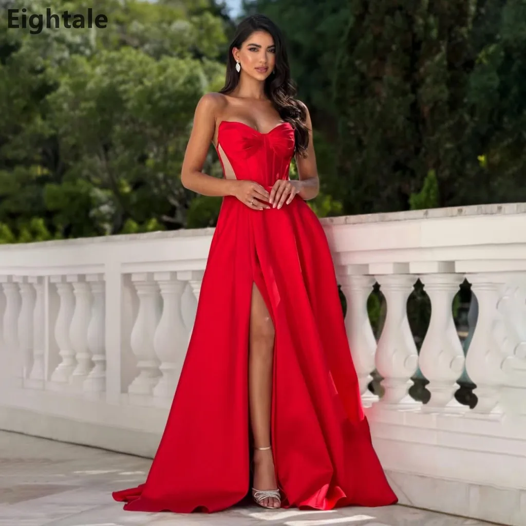 

Eightale 2026 Red Satin A Line Sweetheart Sexy Slit Maxi Evening Dress Prom Dress Women Dubai Formal Party Gown Customized