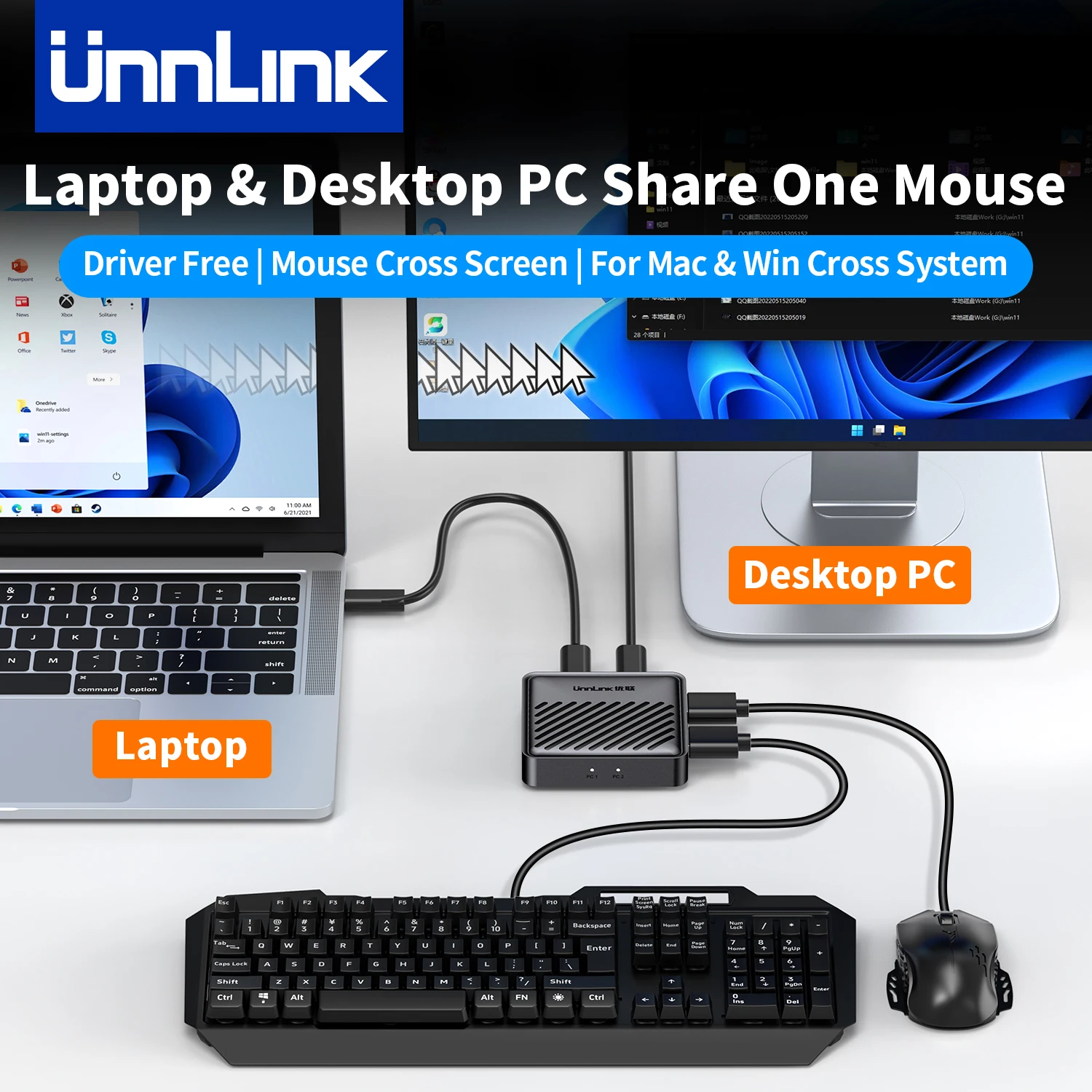 Écran croisé de souris sans bordure Unnlink, deux ordinateurs partagent un souris et clavier, matériel de commutation USB KVM pour Windows Mac Linux