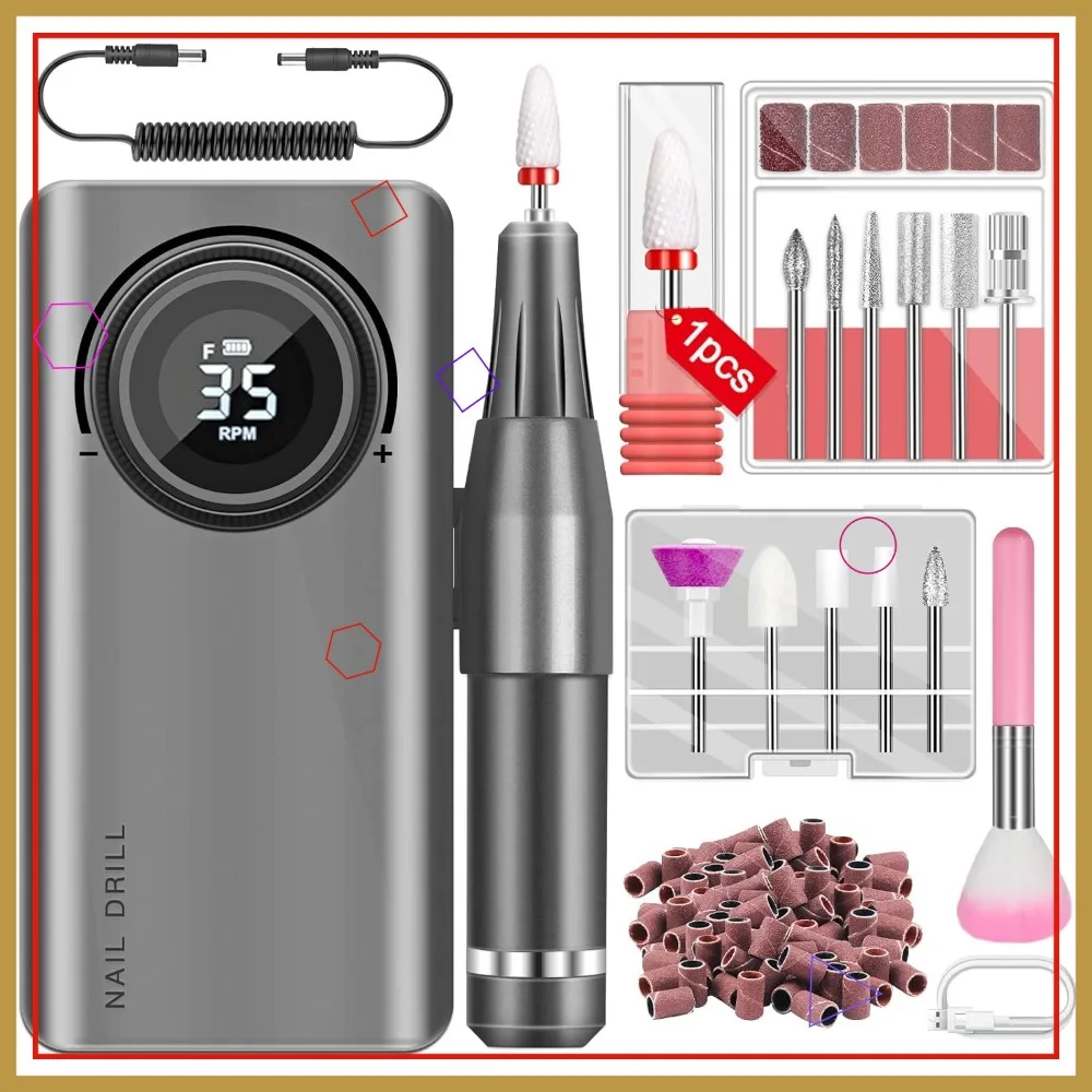 

Аккумуляторная электрическая дрель для ногтей 35000 об/мин с 12 насадками для акриловых ногтей, профессиональный маникюр и педикюр для домашнего и салонного использования
