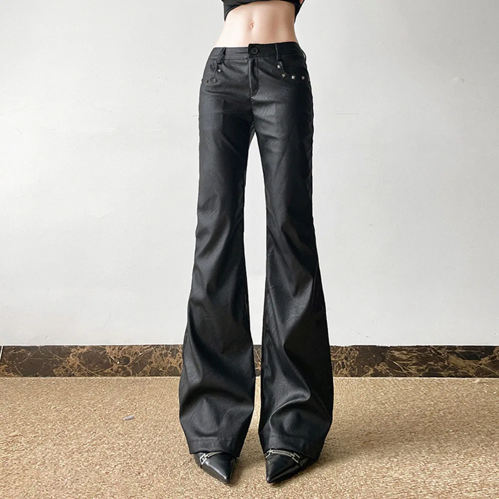 Y2K Style Ladies Black Faux Leather Micro Flare Pants Rivet Decoration Low Waist Long Pants Casual Streetwear Trousers