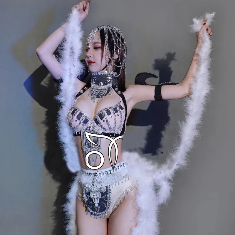 Sexy Gogo Danser Outfit Diamant Bikini Bont Rok Vrouwen Party Pole Dance Kleding Nachtclub Dj Ds Gogo Kostuum Stadium Slijtage XS6934