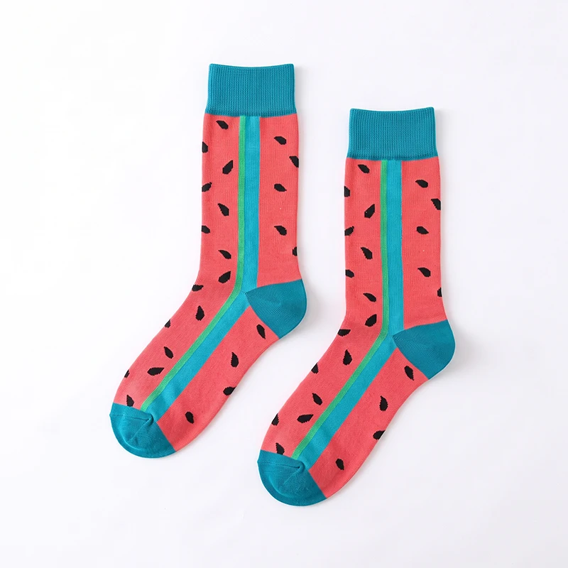 1 Pair of Unisex Socks with Red Bottoms and Black Watermelon Seeds, Blue-Green Striped Watermelon Skin Pattern, Blue-Green Cuffs, Mid-Tube, Sweat-Absorbent, Breathable, Fresh and Fun Watermelon-Shaped Trendy Socks, Suitable for Daily Wear and as a Gift