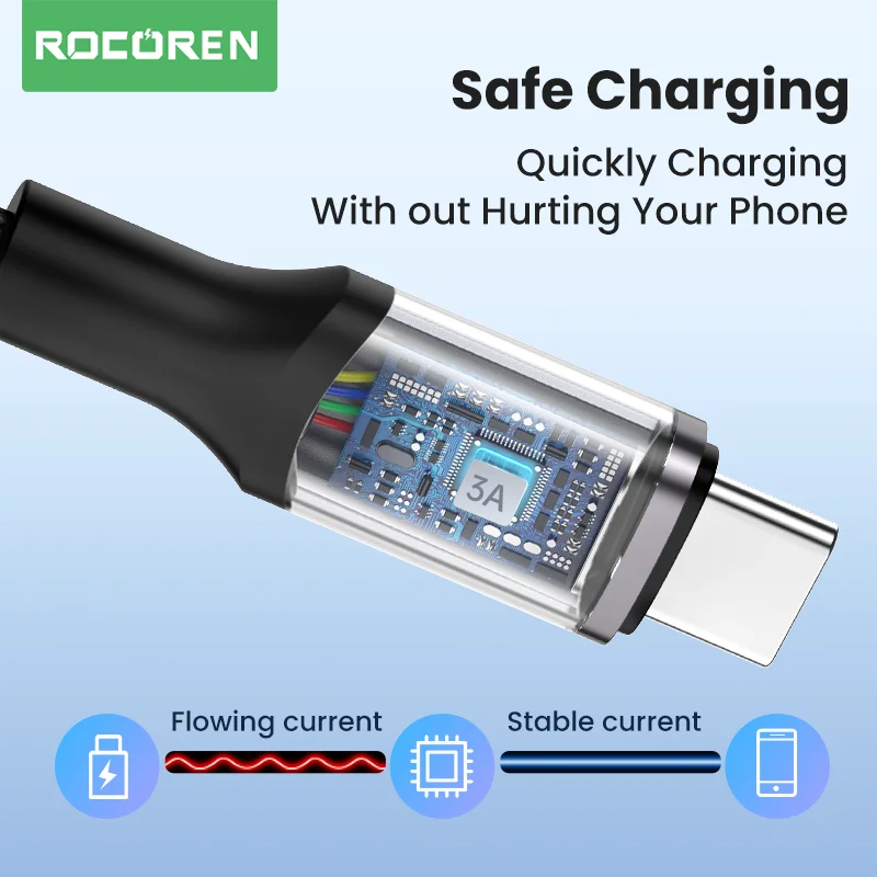 Rocoren USB Type C Cable 3A Fast Charging Wire Cord For Xiaomi Poco F4 F3 Realme Samsung Huawei Mobile Phone Data USBC Cable 3M