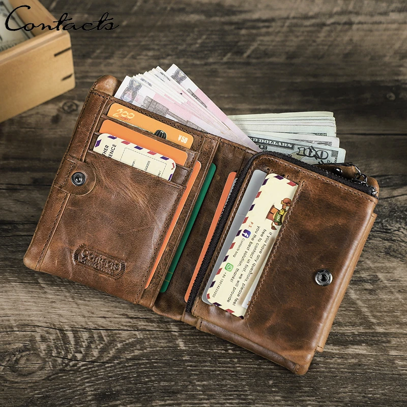 

CONTACT'S Genuine Leather Men Wallet Short Trifold Wallets Luxury Designer Card Holders Coin Purses Money Clip