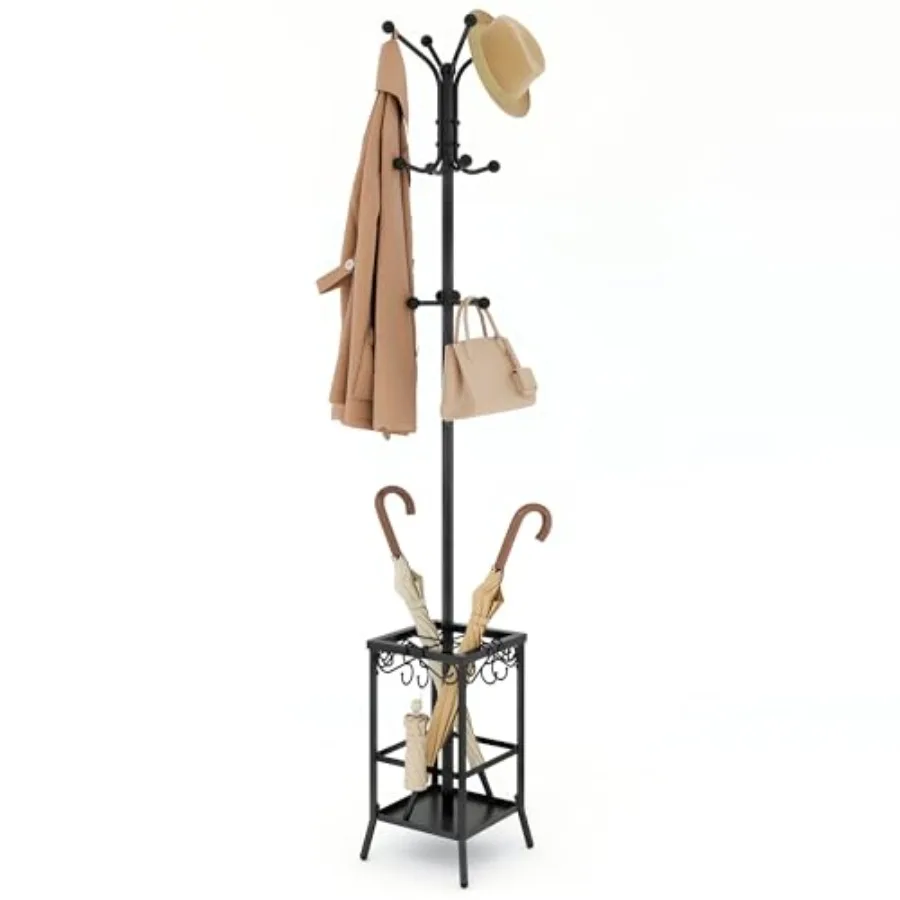 

Coat Rack Freestanding, Coat Tree with Umbrella Holder, Metal Coat Rack Stand with 12 Hooks, Standing Coat Hanger Stand, Umbrel