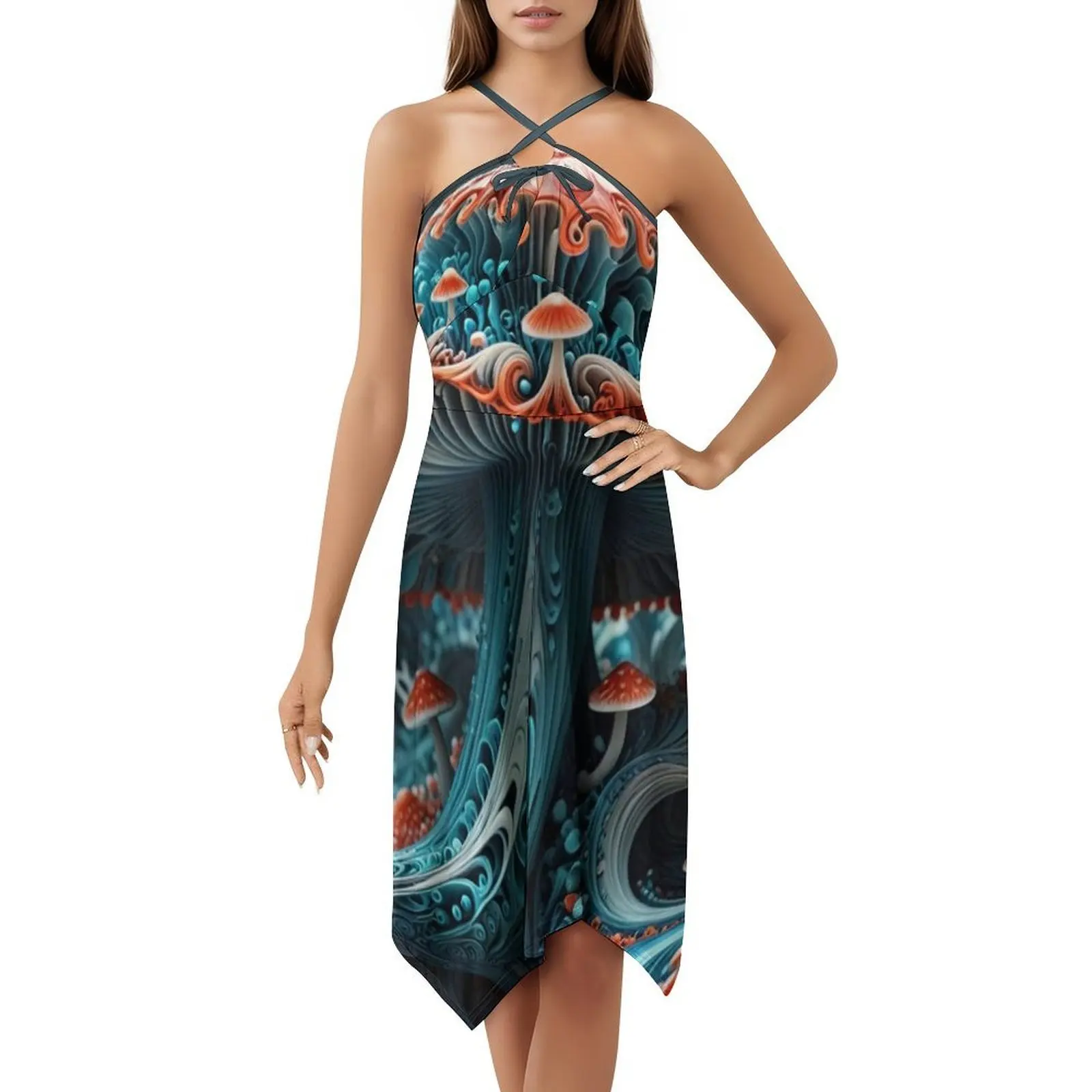فطر مخدر في الفطر البوهيمي فستان بلا أكمام متعدد الطباعة عطلة الشاطئ فستان الحفلات سريالية الفطر الفن الخيال #5